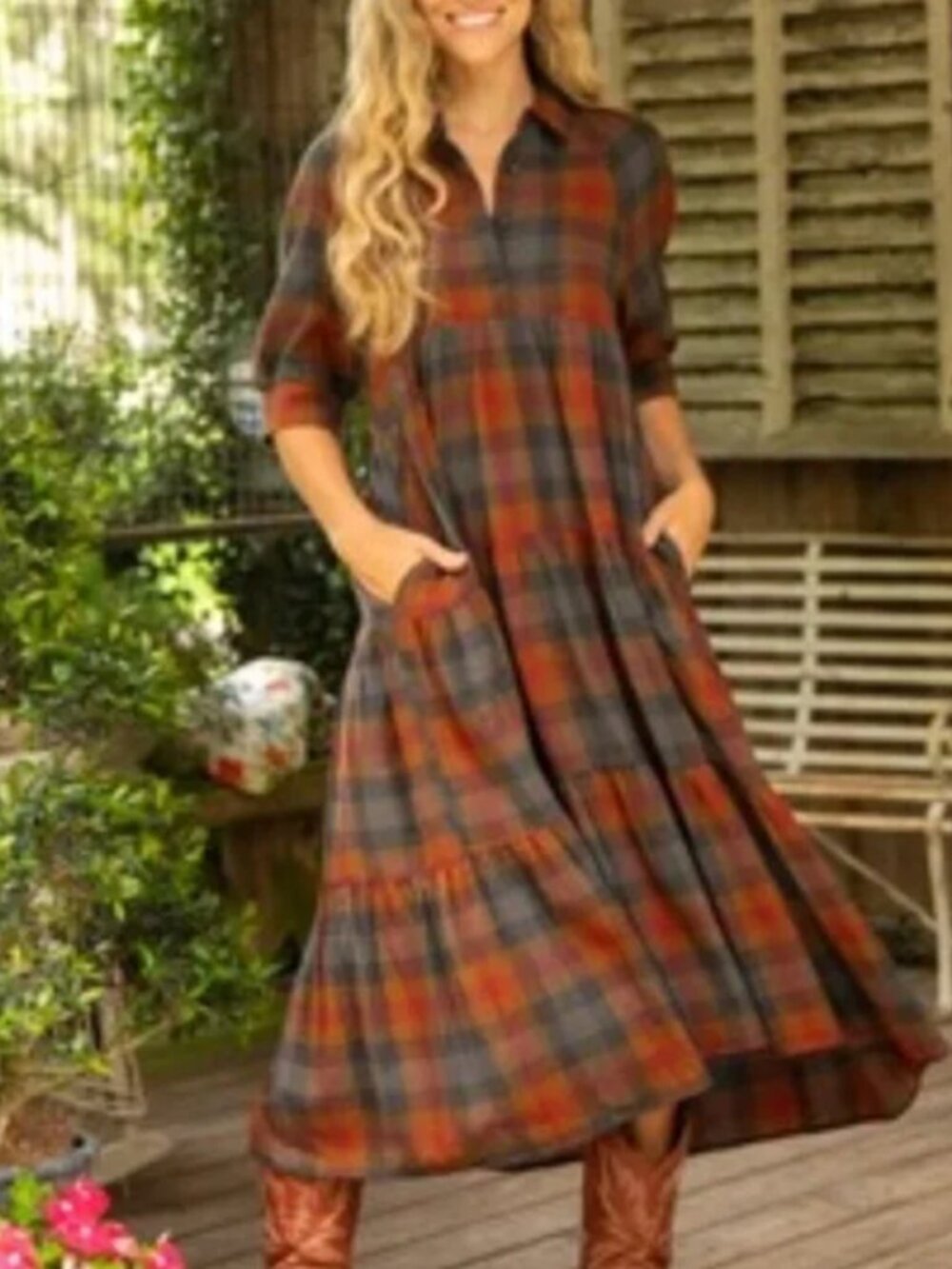 Natual Life Dress Midi Plaid Half Sleeve Lightweight Pockets Brown NWT Medium